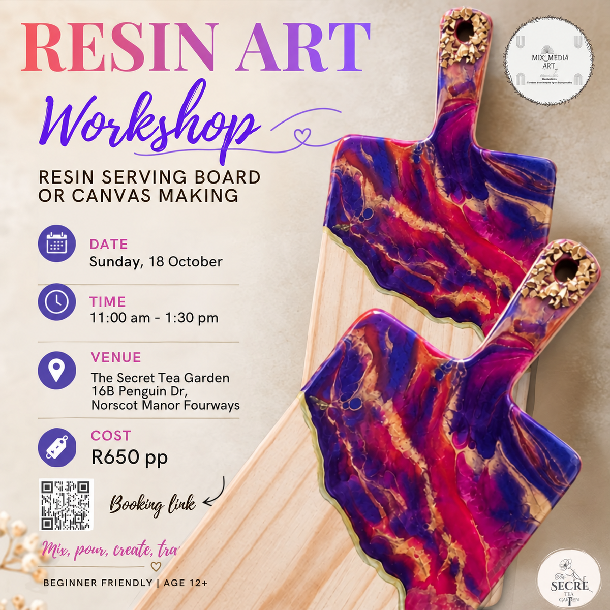 18 Oct - Resin Art Workshop@Secret Tea Garden, Norscot manor Fourways, Johannesburg