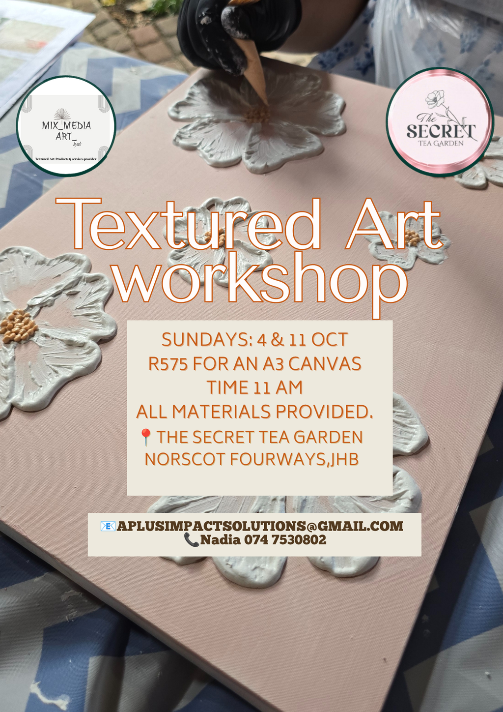 11 Oct - Textured Art Workshop@Secret Tea Garden Norscot Manor Fourways, Johannesburg